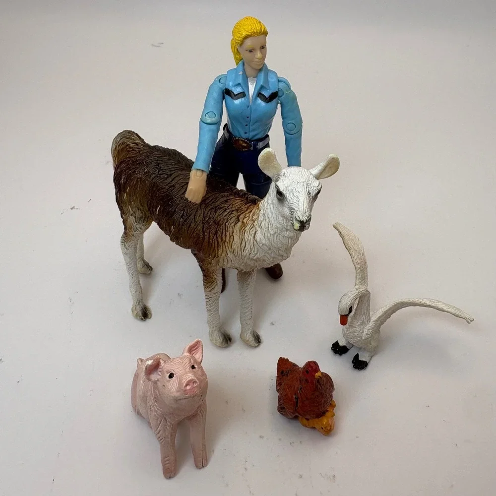 Breyer Cowgirl Rider Doll & CollectA Animal Figure Lot Llama Pig Swan Hen